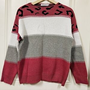 Misslook leopard color block pink grey white tight knit sweater size XS